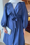 Sare Fashion Belted Trench Coat with Rope Detail on Sleeves Navy Blue