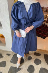 Sare Fashion Belted Trench Coat with Rope Detail on Sleeves Navy Blue