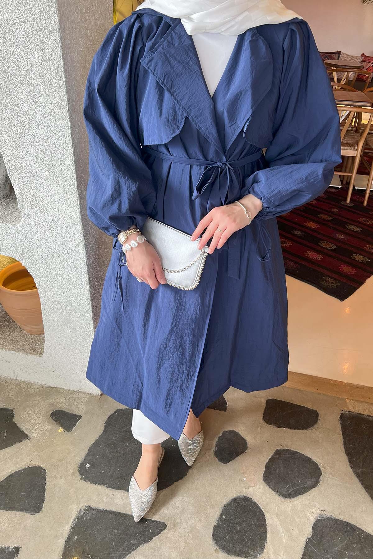 Sare Fashion Belted Trench Coat with Rope Detail on Sleeves Navy Blue