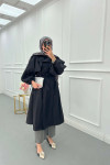 Sare Fashion Belted Trench Coat with Rope Detail on Sleeves Black