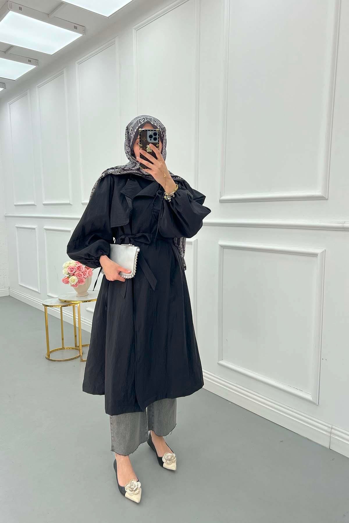 Sare Fashion Belted Trench Coat with Rope Detail on Sleeves Black