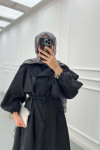 Sare Fashion Belted Trench Coat with Rope Detail on Sleeves Black