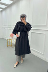Sare Fashion Belted Trench Coat with Rope Detail on Sleeves Black