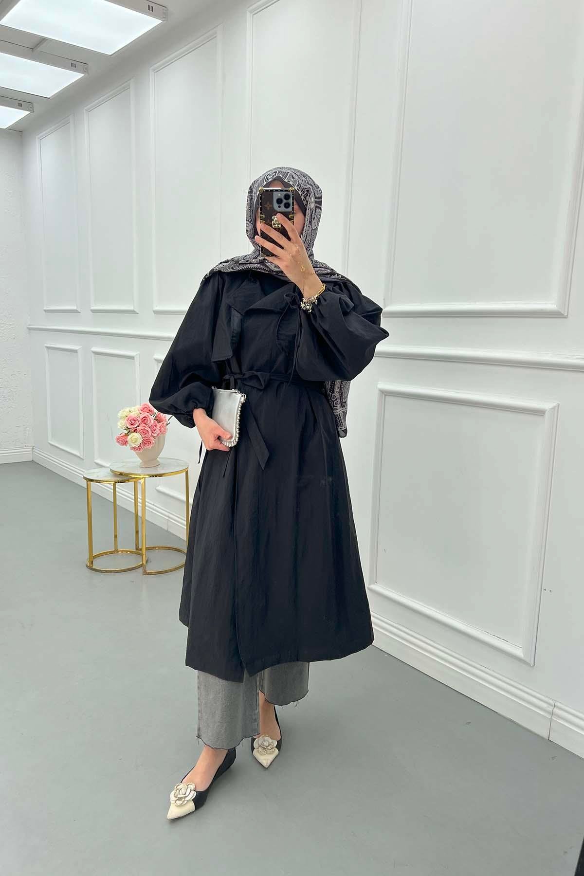 Sare Fashion Belted Trench Coat with Rope Detail on Sleeves Black