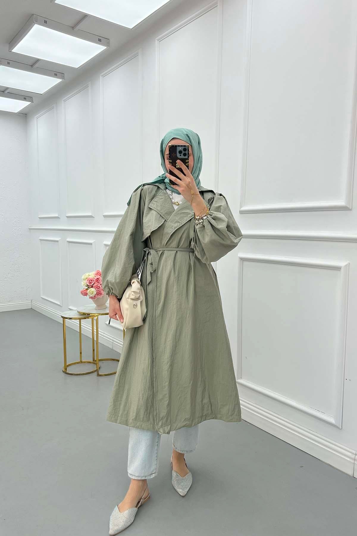 Sare Fashion Belted Trench Coat with Rope Detail on Sleeves Soft Green
