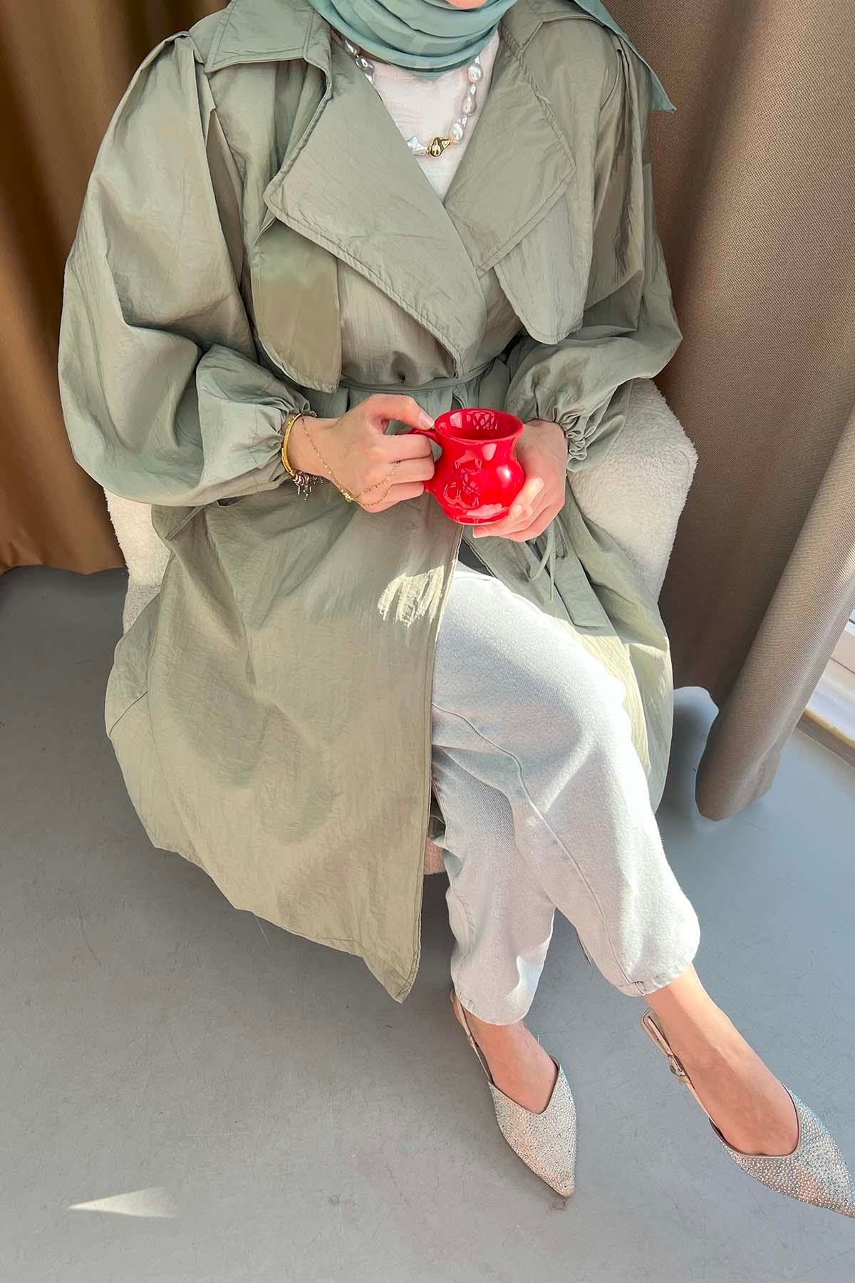 Sare Fashion Belted Trench Coat with Rope Detail on Sleeves Soft Green