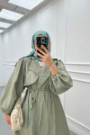 Sare Fashion Belted Trench Coat with Rope Detail on Sleeves Soft Green