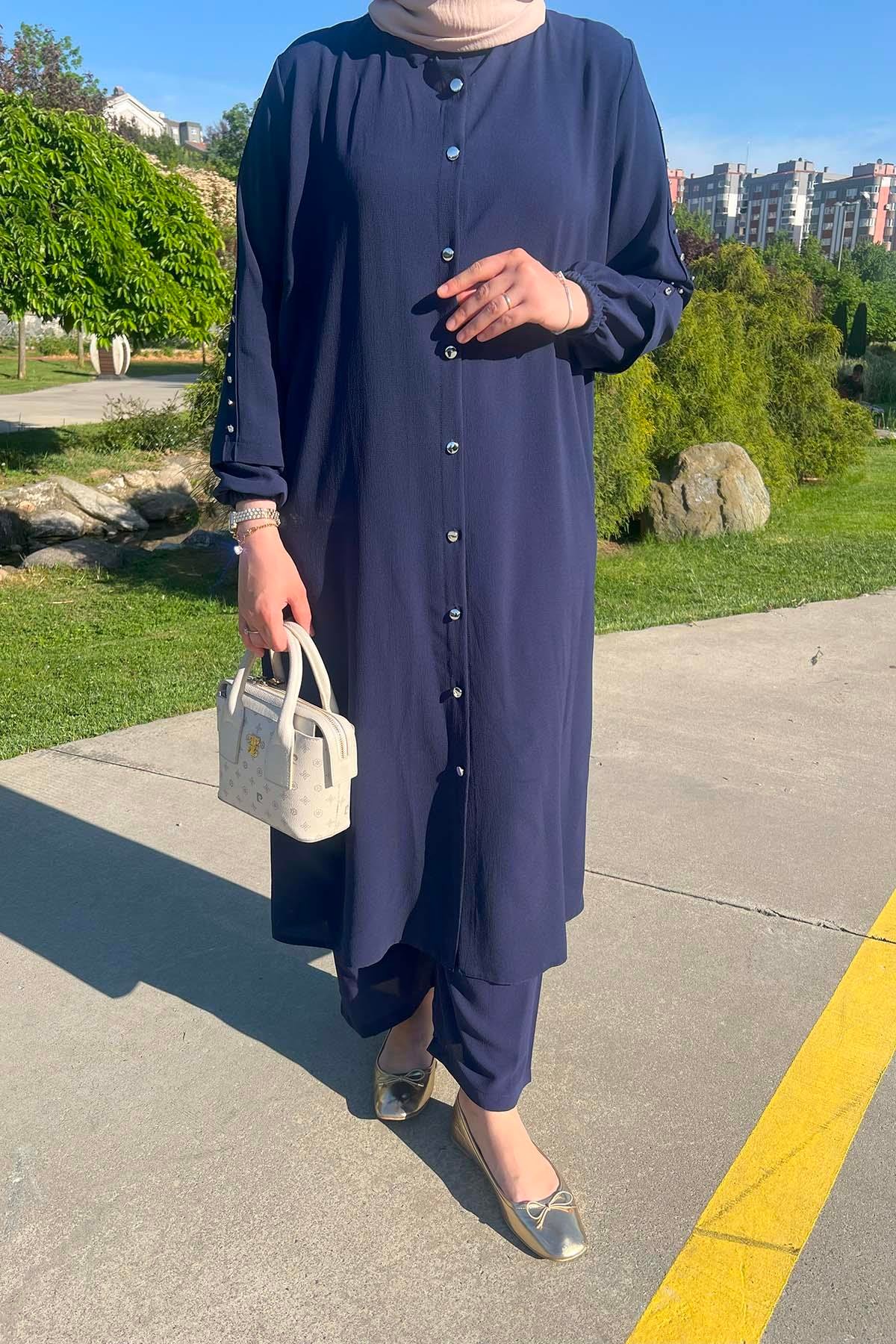 Sare Fashion Navy Blue Trouser Suit with Stone Detailed Sleeves
