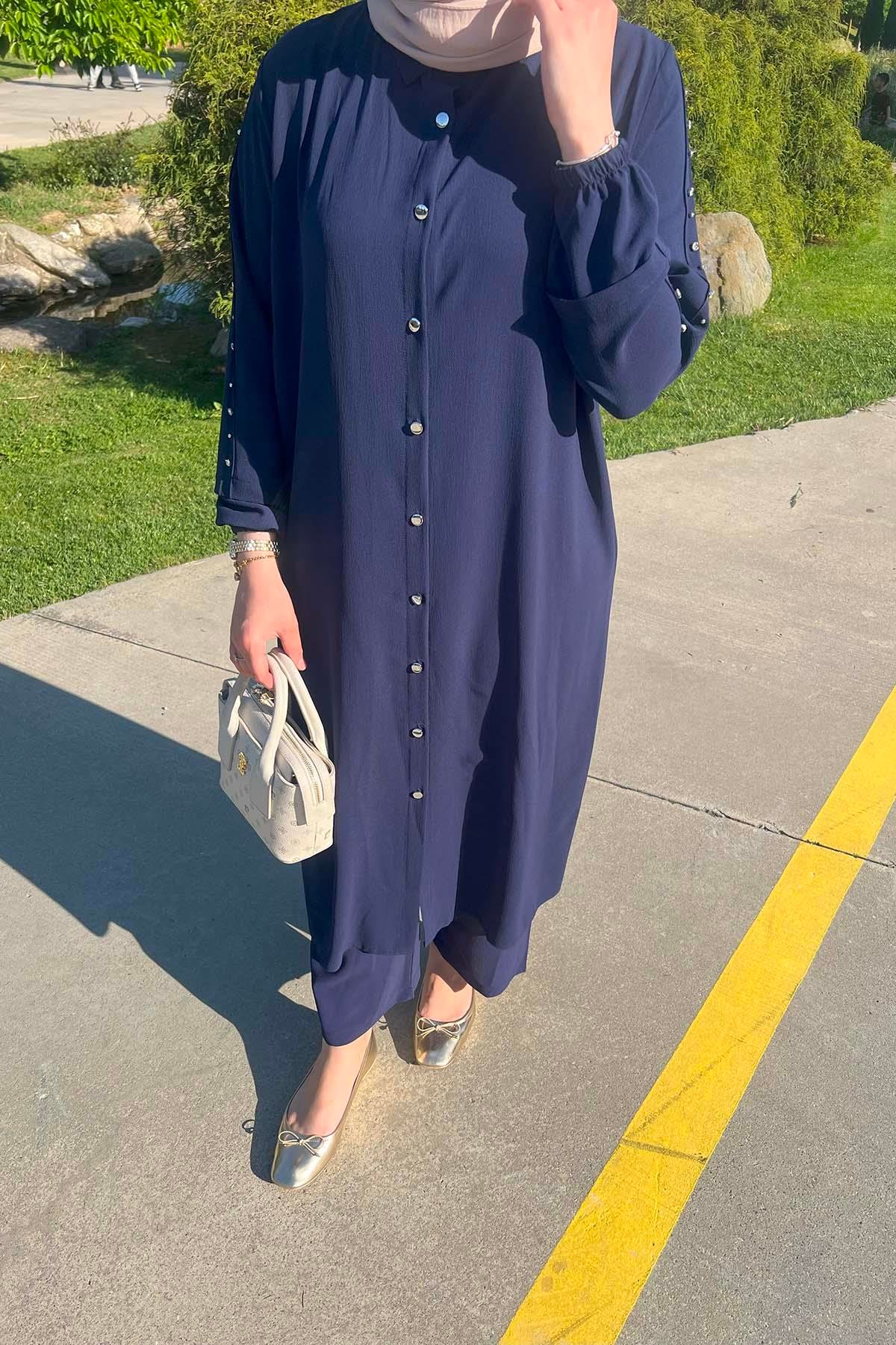 Sare Fashion Navy Blue Trouser Suit with Stone Detailed Sleeves