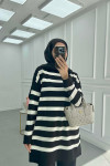 Sare Fashion Black Striped Pattern Glittery Sweater with Stoned Sleeves