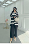 Sare Fashion Black Striped Pattern Glittery Sweater with Stoned Sleeves