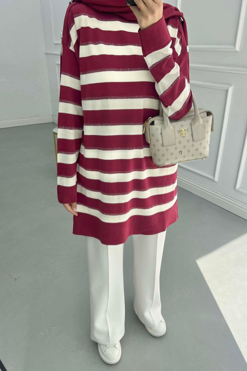 Sare Fashion Stoned Stripe Pattern Glittery Sweater with Sleeves, Burgundy Sare Fashion Stoned Stripe Pattern Glittery Sweater with Sleeves, Burgundy