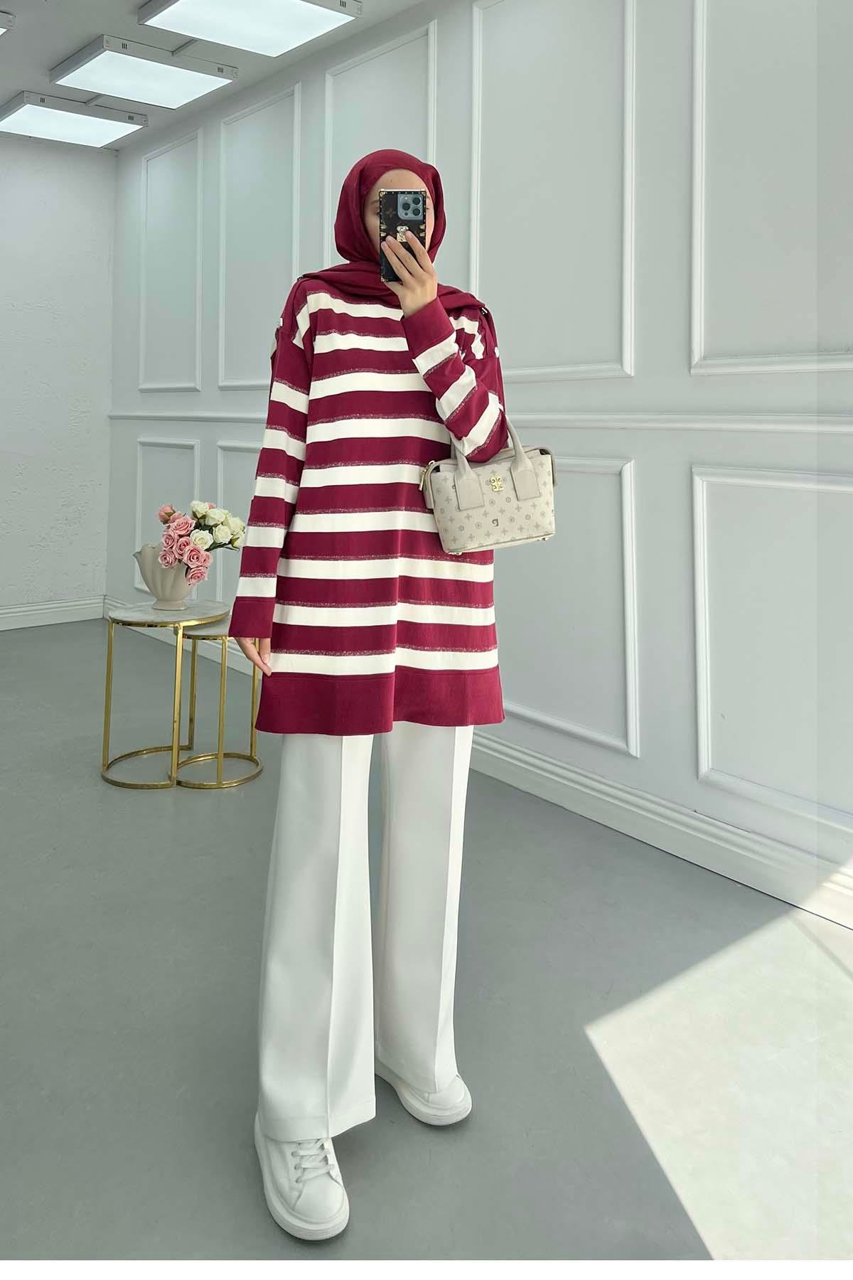 Sare Fashion Stoned Stripe Pattern Glittery Sweater with Sleeves, Burgundy