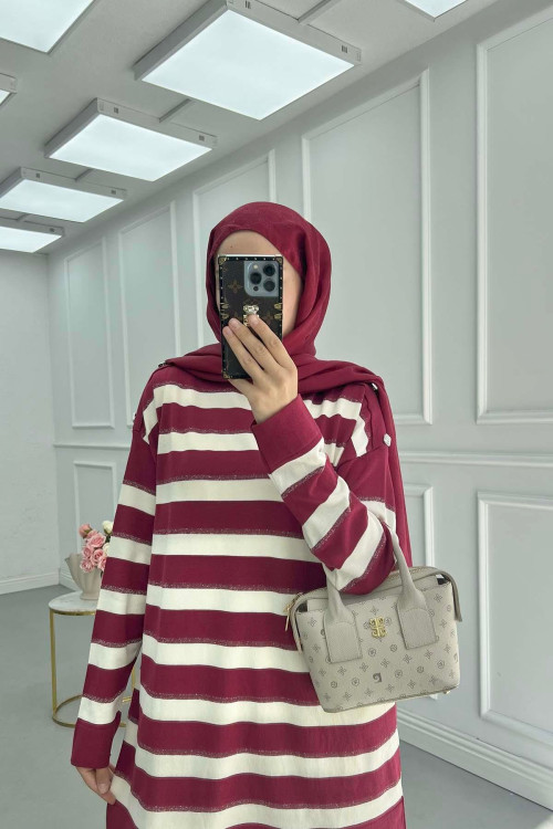 Sare Fashion Stoned Stripe Pattern Glittery Sweater with Sleeves, Burgundy Sare Fashion Stoned Stripe Pattern Glittery Sweater with Sleeves, Burgundy