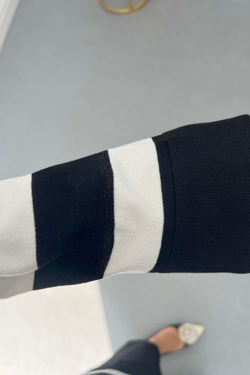 Sare Fashion Black Striped Pattern Glittery Sweater with Stoned Sleeves