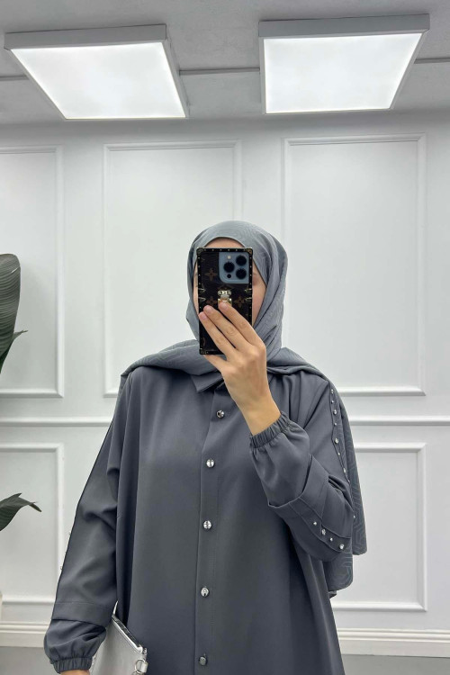 Sare Fashion Long Double Crepe Suit with Stoned Sleeves Anthracite Gray