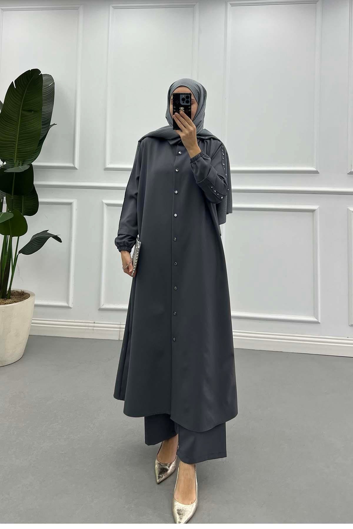 Sare Fashion Long Double Crepe Suit with Stoned Sleeves Anthracite Gray