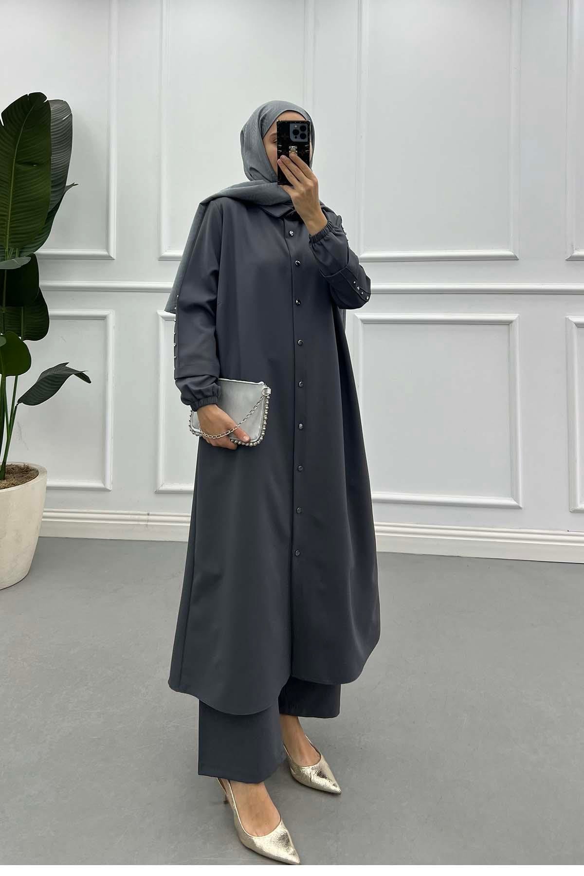 Sare Fashion Long Double Crepe Suit with Stoned Sleeves Anthracite Gray