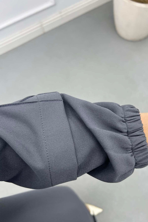 Sare Fashion Long Double Crepe Suit with Stoned Sleeves Anthracite Gray