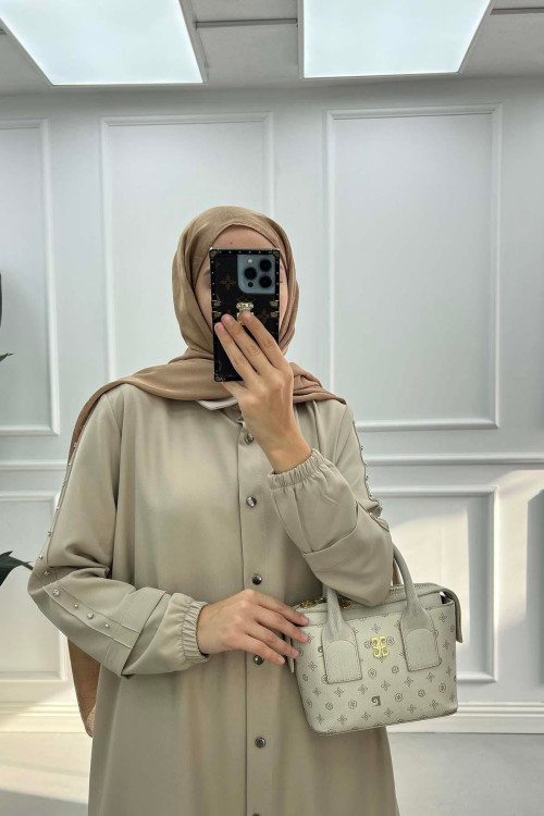 Sare Fashion Long Double Crepe Suit with Stoned Sleeves, Beige