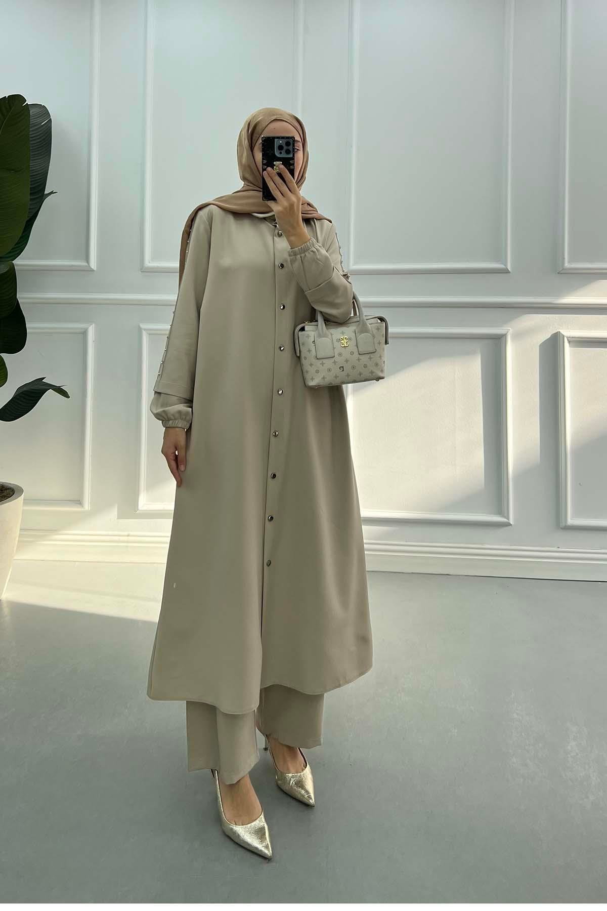 Sare Fashion Long Double Crepe Suit with Stoned Sleeves, Beige