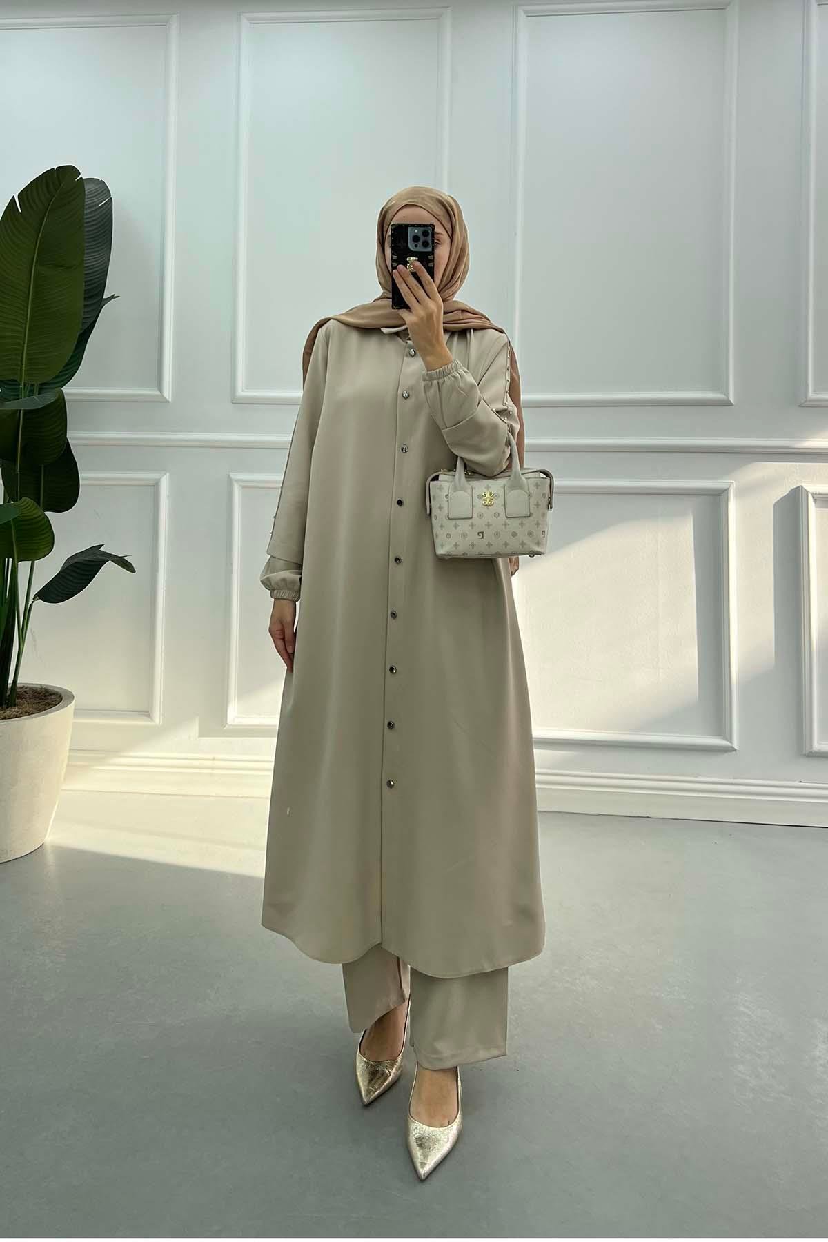 Sare Fashion Long Double Crepe Suit with Stoned Sleeves, Beige