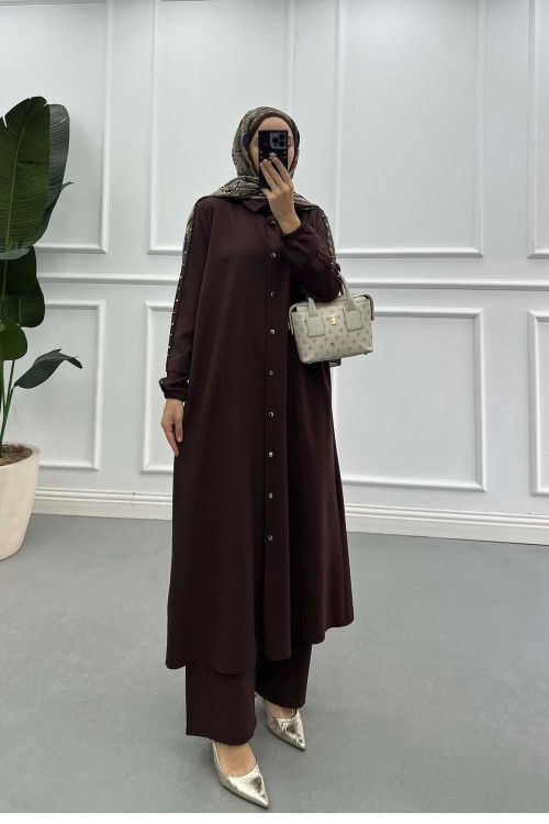 Sare Fashion Long Double Crepe Suit with Stoned Sleeves, Brown