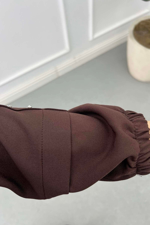 Sare Fashion Long Double Crepe Suit with Stoned Sleeves, Brown