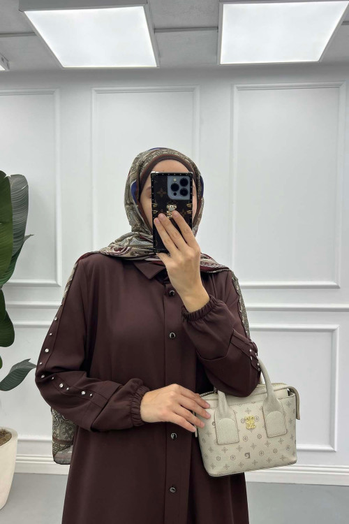 Sare Fashion Long Double Crepe Suit with Stoned Sleeves, Brown