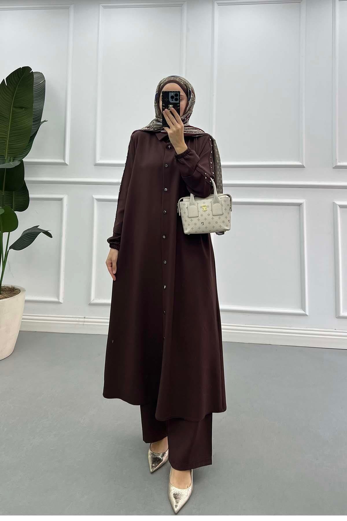 Sare Fashion Long Double Crepe Suit with Stoned Sleeves, Brown