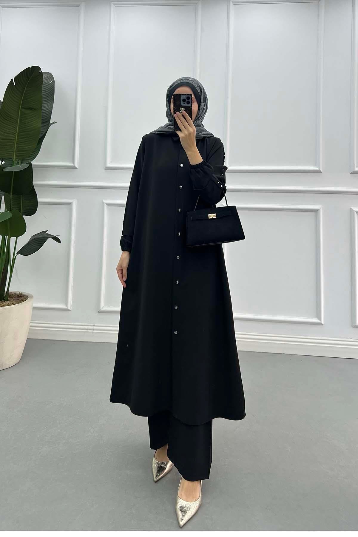 Sare Fashion Long Double Crepe Suit with Stoned Sleeves, Black