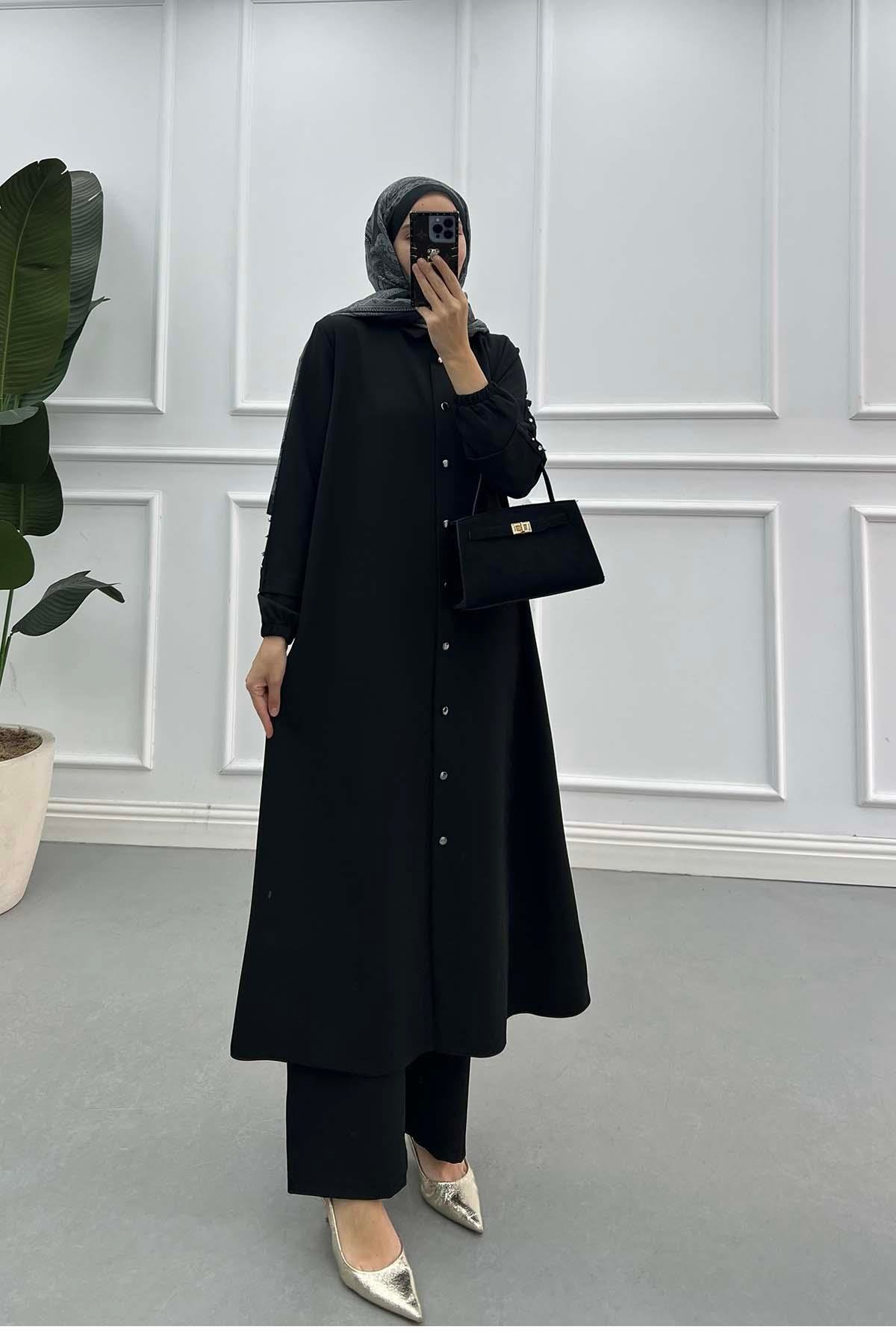 Sare Fashion Long Double Crepe Suit with Stoned Sleeves, Black