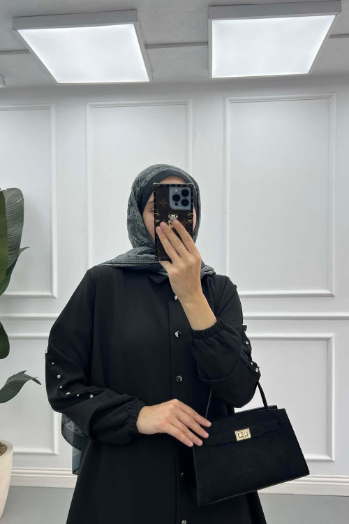 Sare Fashion Long Double Crepe Suit with Stoned Sleeves, Black