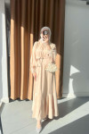 Sare Fashion Satin Dress with Feather Detail on Sleeves Beige