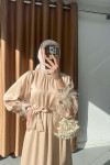 Sare Fashion Satin Dress with Feather Detail on Sleeves Beige
