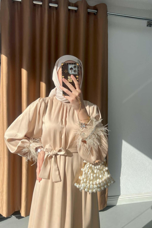 Sare Fashion Satin Dress with Feather Detail on Sleeves Beige
