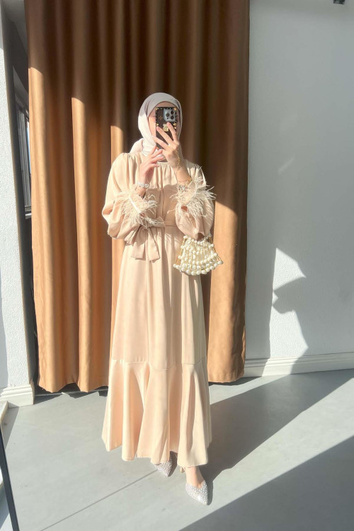 Sare Fashion Satin Dress with Feather Detail on Sleeves Beige