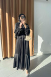 Sare Fashion Satin Dress with Feather Detail on Sleeves, Black