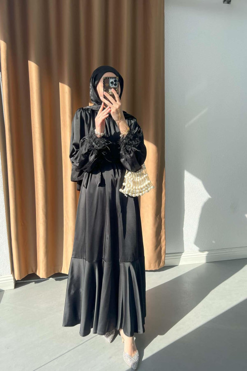 Sare Fashion Satin Dress with Feather Detail on Sleeves, Black
