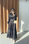 Sare Fashion Satin Dress with Feather Detail on Sleeves, Black