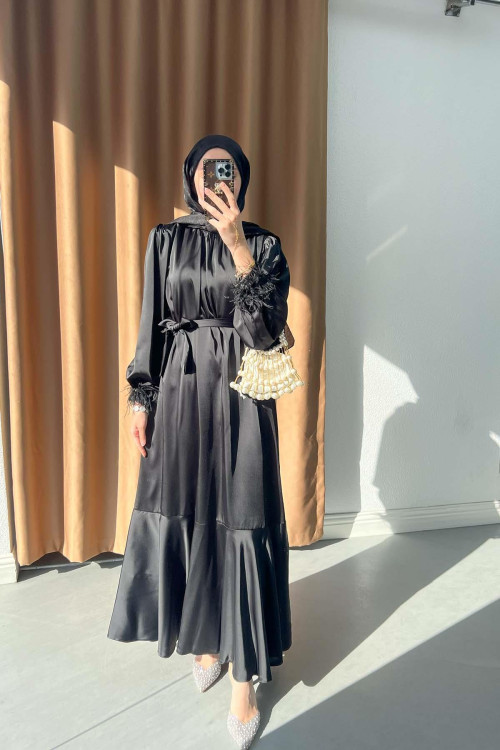 Sare Fashion Satin Dress with Feather Detail on Sleeves, Black