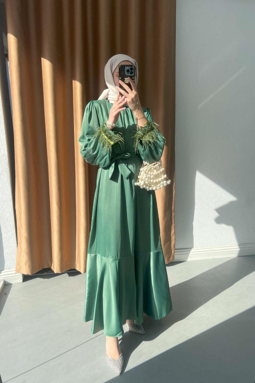 Sare Fashion Satin Dress with Feather Detail on Sleeves Green