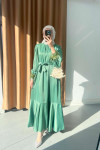 Sare Fashion Satin Dress with Feather Detail on Sleeves Green