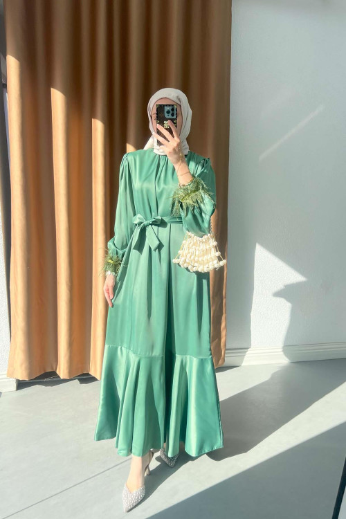 Sare Fashion Satin Dress with Feather Detail on Sleeves Green