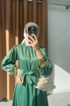 Sare Fashion Satin Dress with Feather Detail on Sleeves Green