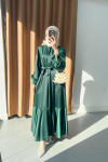 Sare Fashion Satin Dress with Feather Detail on Sleeves Emerald Green
