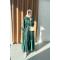 Sare Fashion Satin Dress with Feather Detail on Sleeves Emerald Green