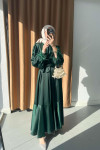 Sare Fashion Satin Dress with Feather Detail on Sleeves Emerald Green