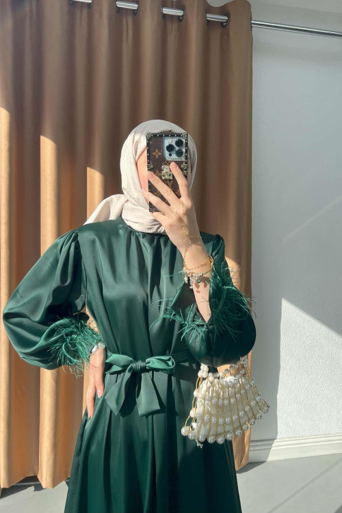 Sare Fashion Satin Dress with Feather Detail on Sleeves Emerald Green