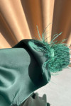 Sare Fashion Satin Dress with Feather Detail on Sleeves Emerald Green